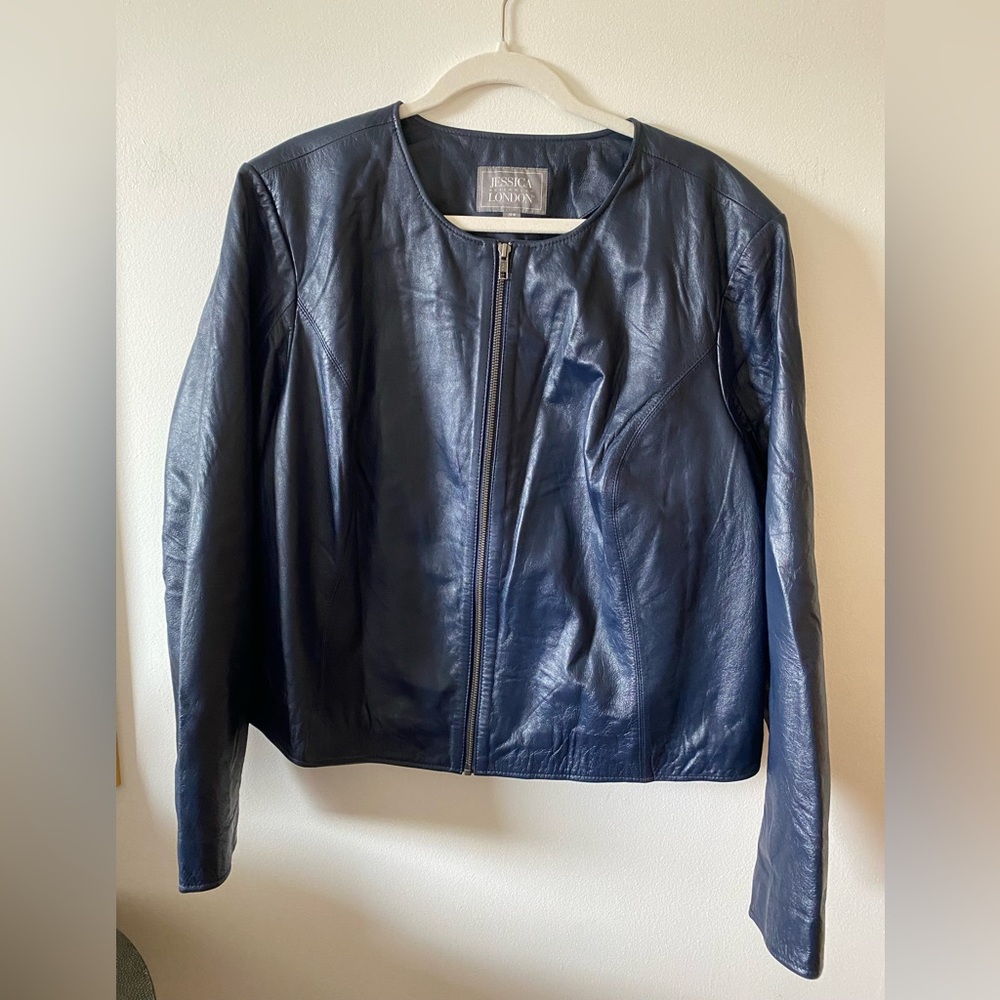 Vintage Jessica London Genuine Navy Leather Jacket Size 20